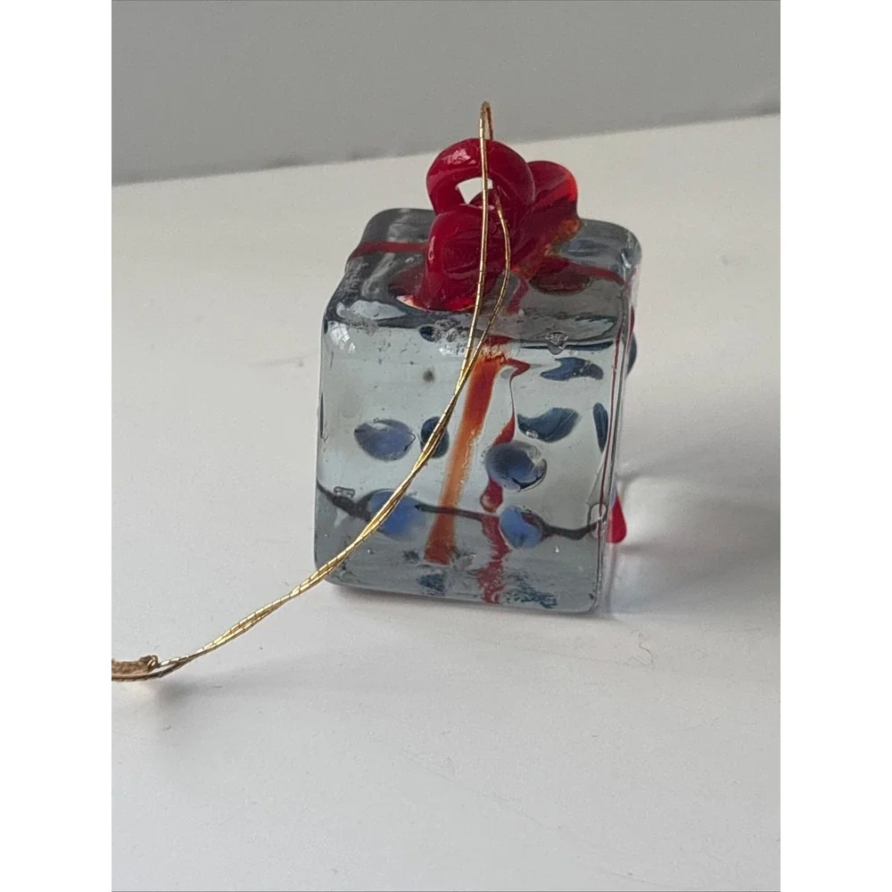 Artisan Lampwork Glass Present Ornament Solid Hand Blown Gift Box Blue Polka Dot
